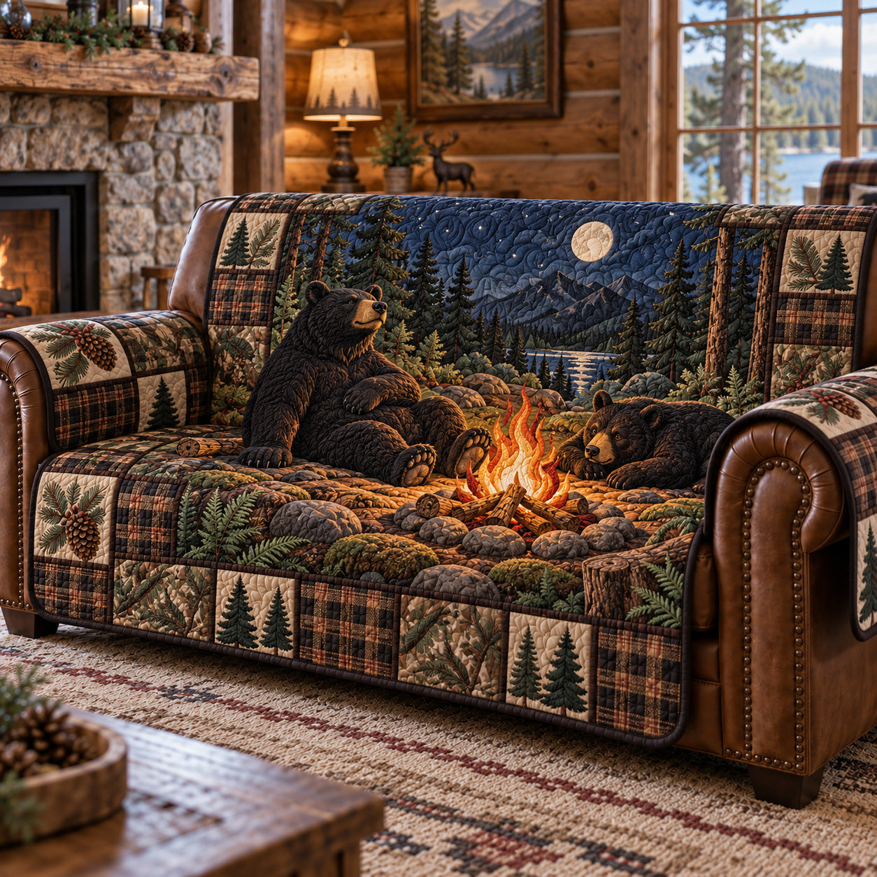 Campfire Bear Night Quilted Sofa Cover Cozy Living Xmas Decor Gift For Dad
