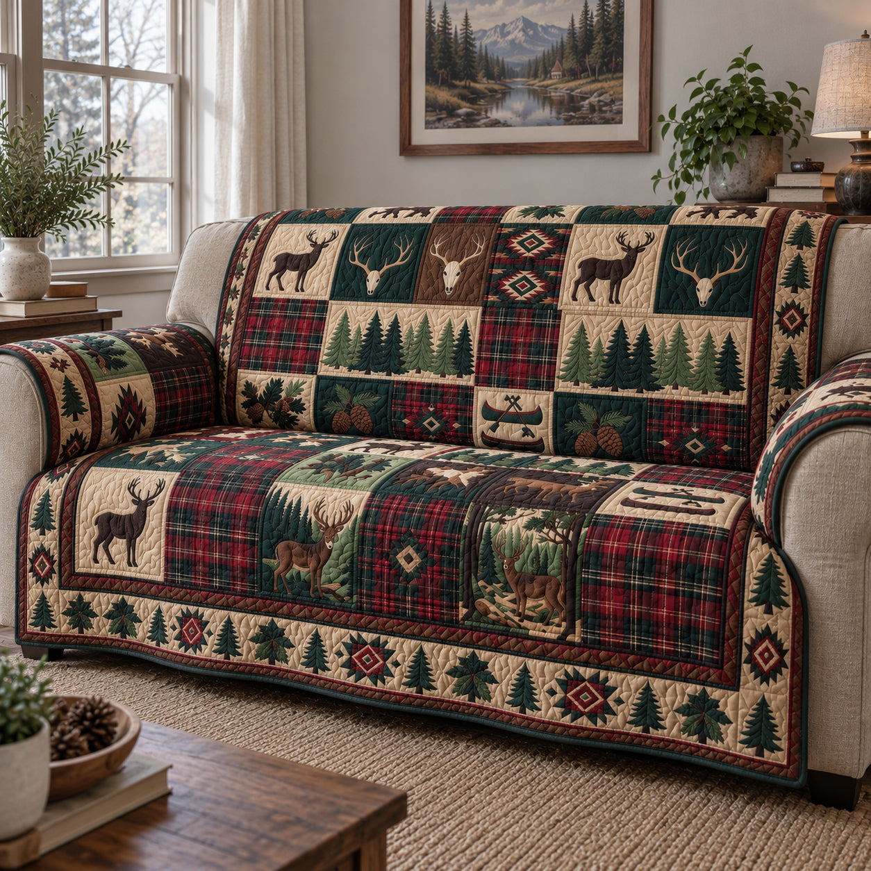 Hunting Patchwork Quilted Sofa Cover Cozy Holiday Living Room Decor Husband Gifts