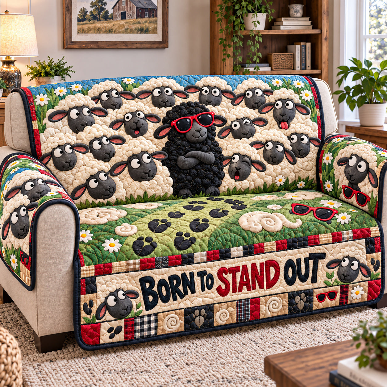 Funky Sheep Whimsy Quilted Sofa Cover Holiday Living Room Decor Sheep Lovers Gifts