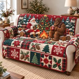 Bigfoot Santa Claus Cheer Quilted Sofa Cover Quilted Couch Holiday Xmas Cover Gifts