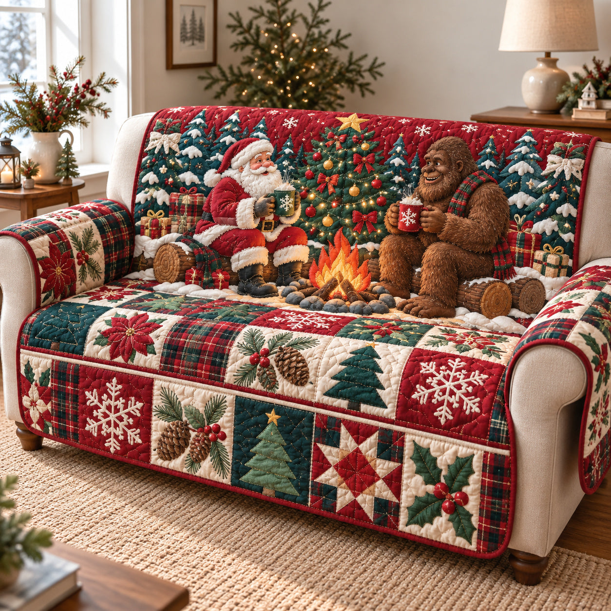 Bigfoot Santa Claus Cheer Quilted Sofa Cover Quilted Couch Holiday Xmas Cover Gifts