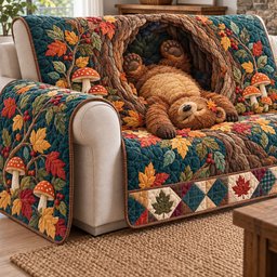 Bear Woodland Hideaway Quilted Sofa Cover Cozy Living Room Xmas Decor Holiday Gifts