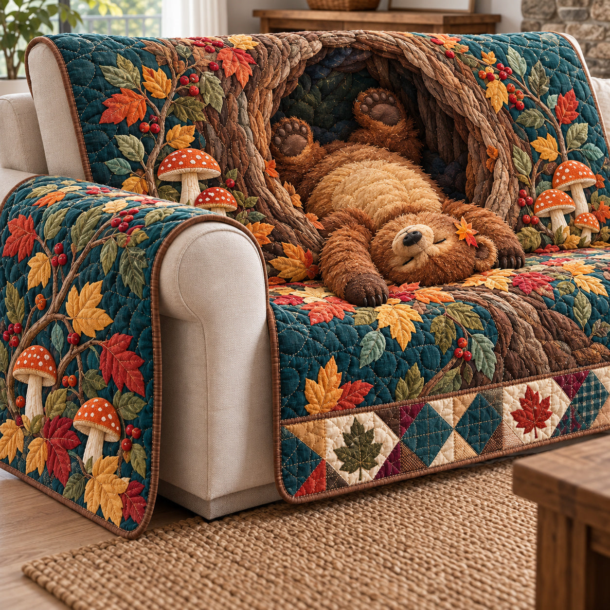 Bear Woodland Hideaway Quilted Sofa Cover Cozy Living Room Xmas Decor Holiday Gifts