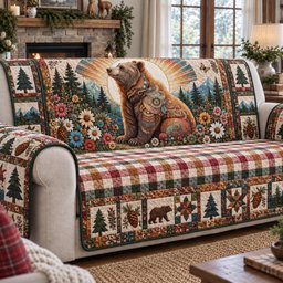 Boho Bear Wildflower Garden Quilted Sofa Cover Cozy Living Holiday Decor Xmas Gifts
