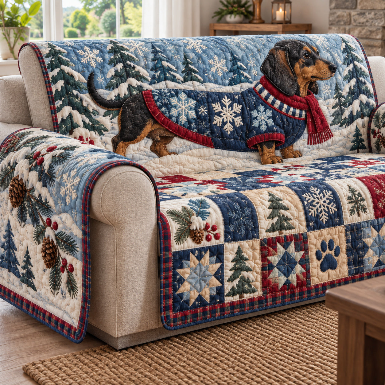 Dachshund Charm Quilted Sofa Cover Xmas Decorative Couch Cover Gift For Dog Lovers