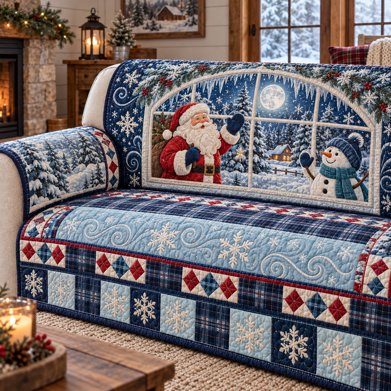 Jolly Christmas Window Quilted Sofa Cover Cozy Holiday Living Room Decor Xmas Gifts