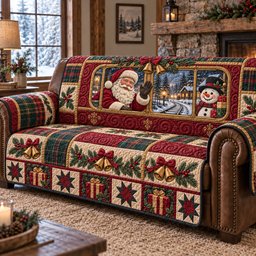 Jolly Christmas Window Quilted Sofa Cover Seasonal Couch Cover Holiday Gifts