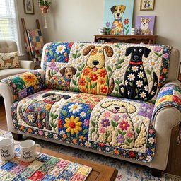 Blooming Dog Friends Quilted Sofa Cover Xmas Home Decor Funny Christmas Gifts