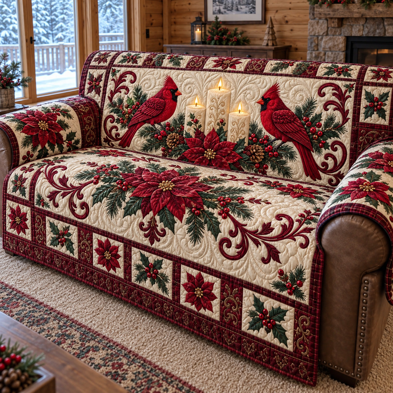 Cardinals Candlelit Poinsettia Quilted Sofa Cover House Holiday Decor Items Gifts
