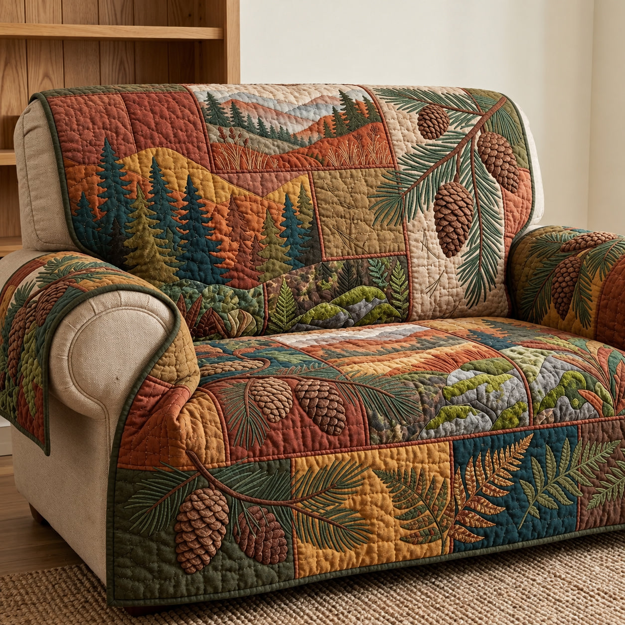 Autumn Pinecone Forest Quilted Sofa Cover Quilted Couch Cover Christmas Gifts For Men