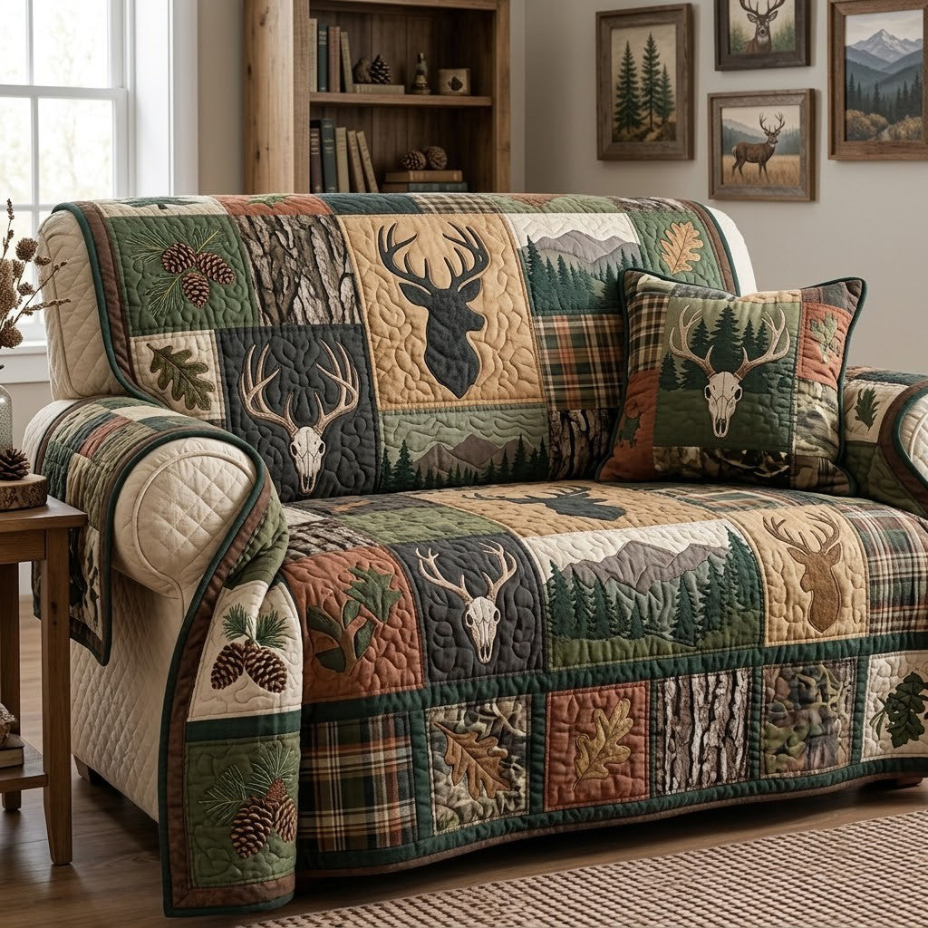 Woodland Deer Patchwork Quilted Sofa Cover Festive Christmas Couch Cover Dad Gifts