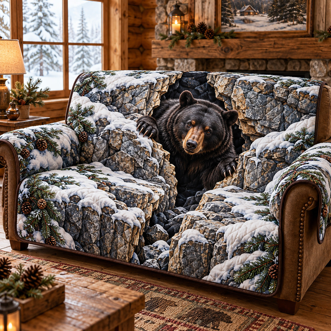 Winter Bear Quilted Sofa Cover Holiday Home Decor Christmas Gifts For Bear Lovers