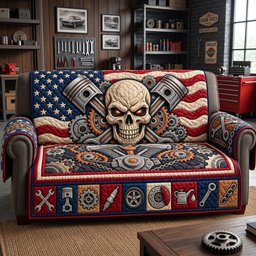 Mechanic Skull Quilted Sofa Cover Xmas Sofa Protector Holiday Gifts For Coworkers