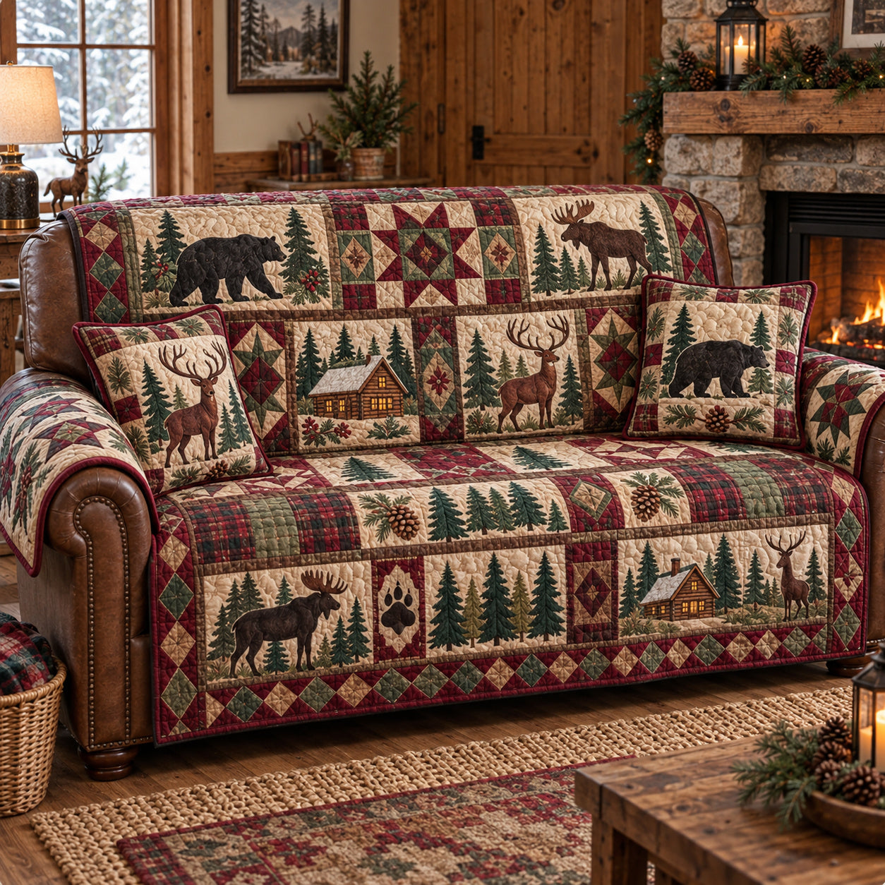 Rustic Woodland Wonders Quilted Sofa Cover Festive Christmas Couch Cover Gifts