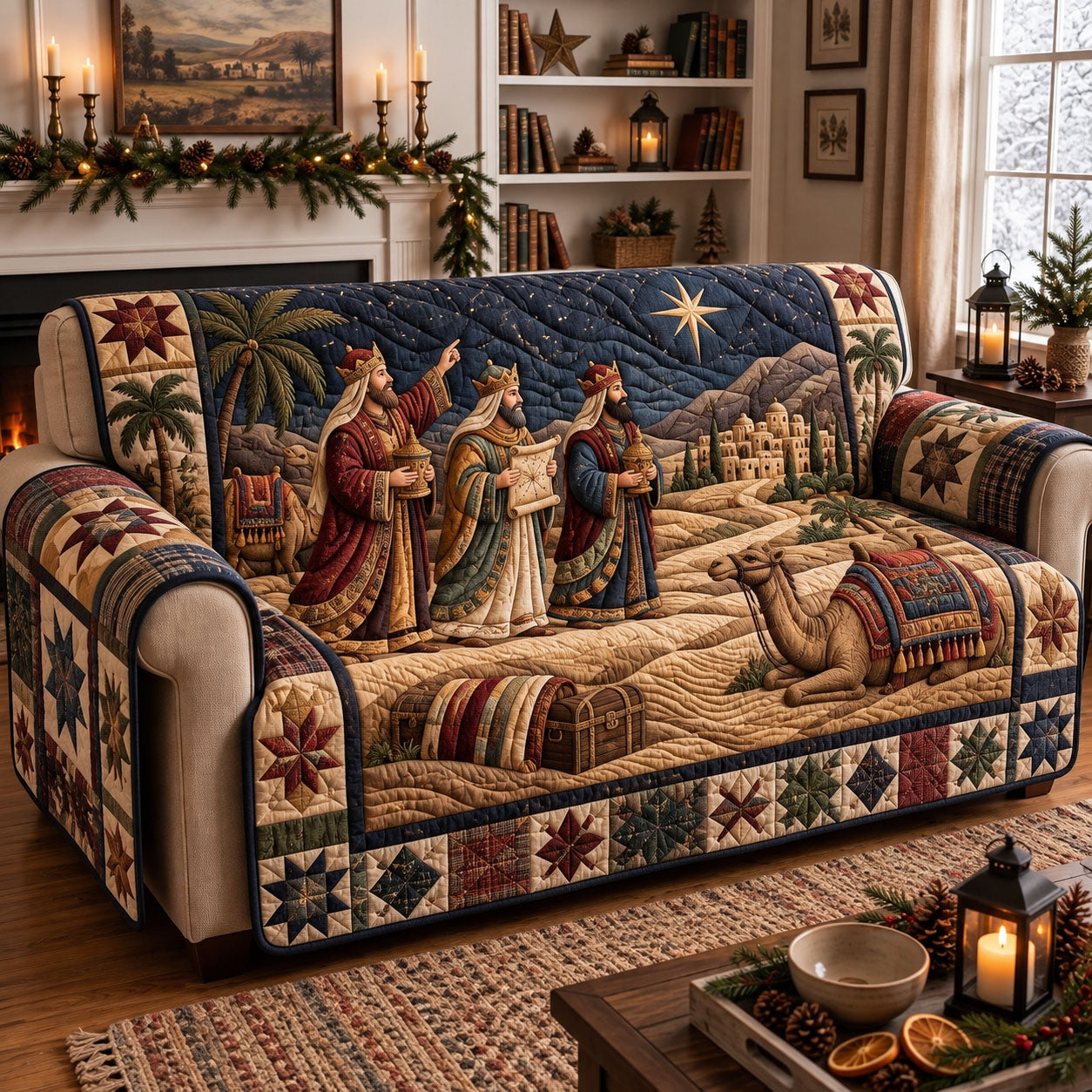 Nativity Scene Quilted Sofa Cover Cozy Living Room Decor Christmas Gift For Homeowners