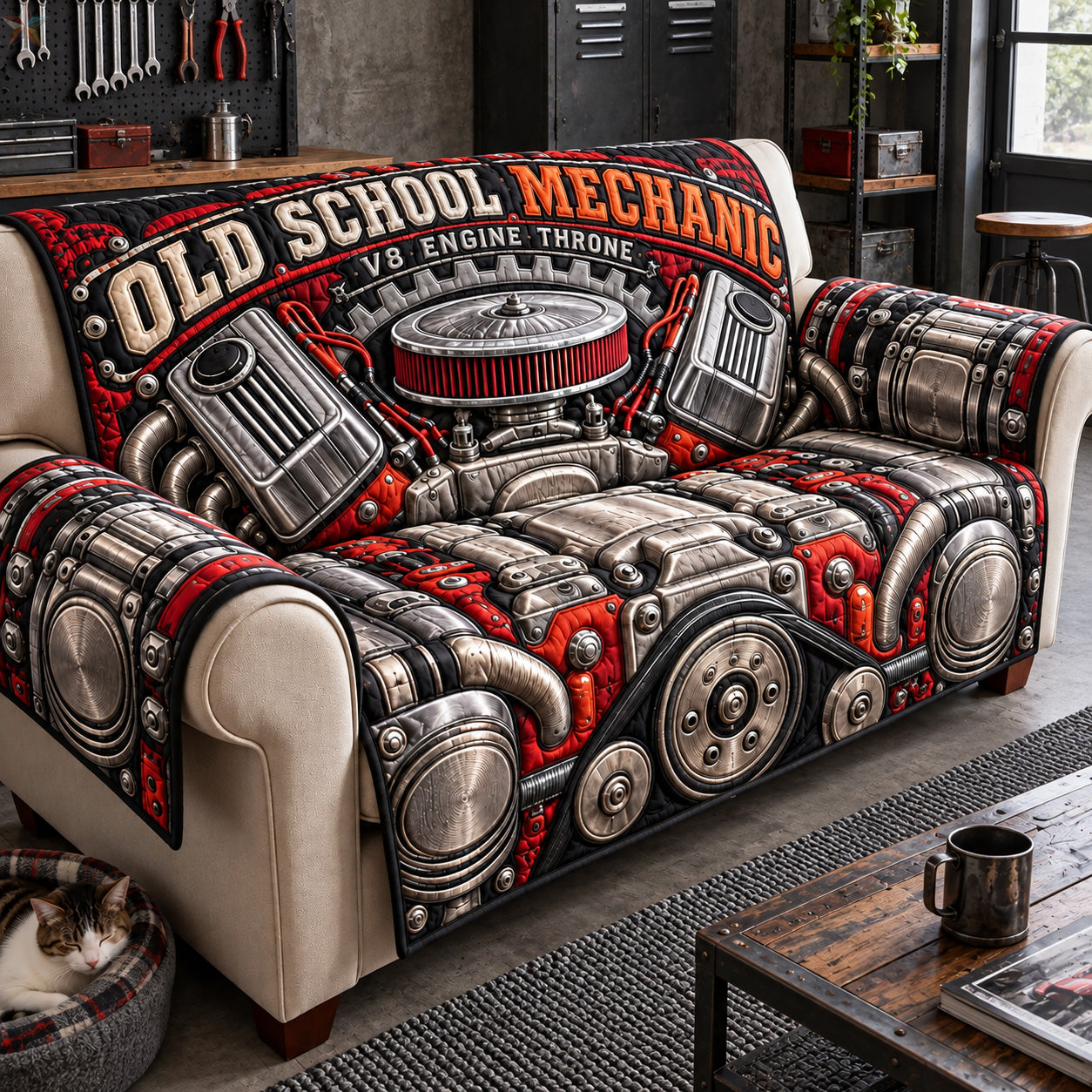 Old School V8 Mechanic Quilted Sofa Cover Holiday Home Decor Xmas Gifts For Friends