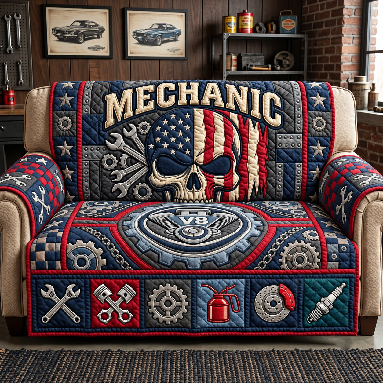 Patriot Mechanic Quilted Sofa Cover Cozy Holiday Living Room Decor Dad Gifts