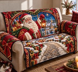 Santa Christmas Village Quilted Sofa Cover Christmas Home Accessories Holiday Gifts
