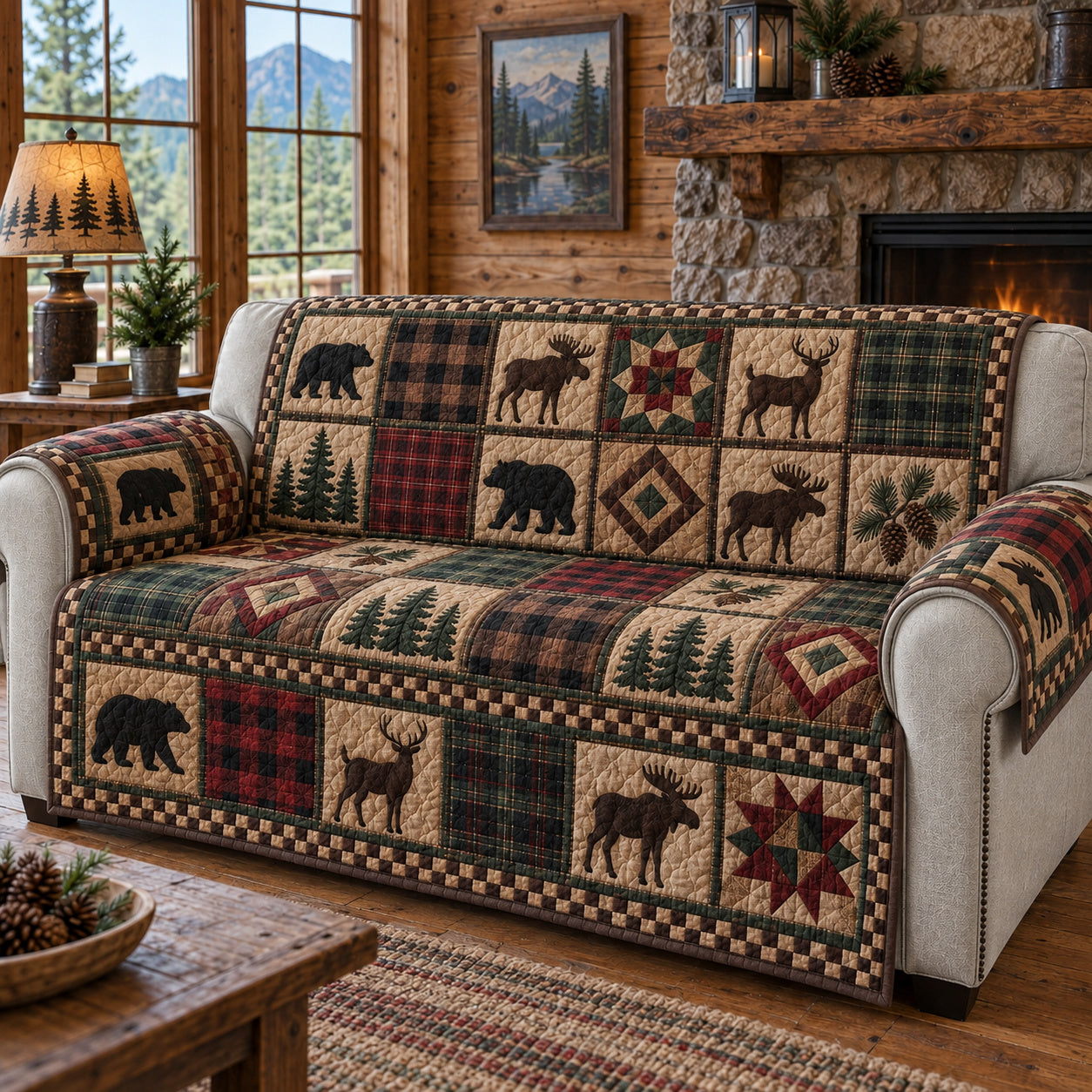 Rustic Woodland Sanctuary Quilted Sofa Cover Seasonal Couch Cover Him Gifts