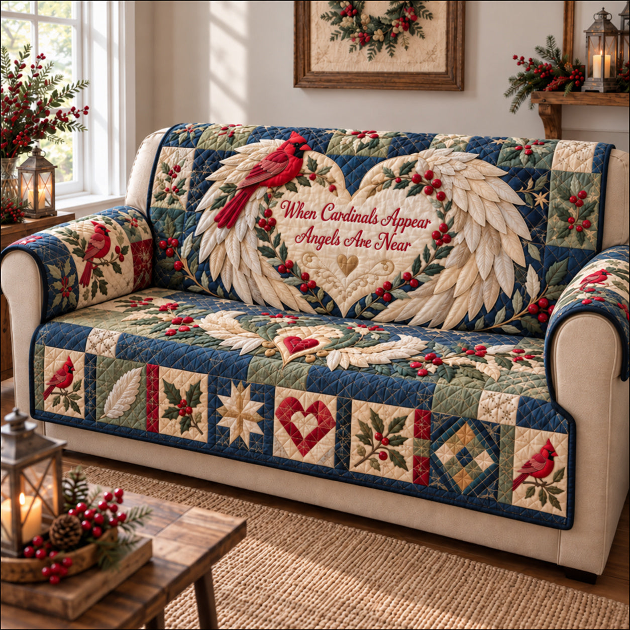 Red Cardinal Evergreen Quilted Sofa Cover Christmas Quilted Sofa Cover Dad Gifts
