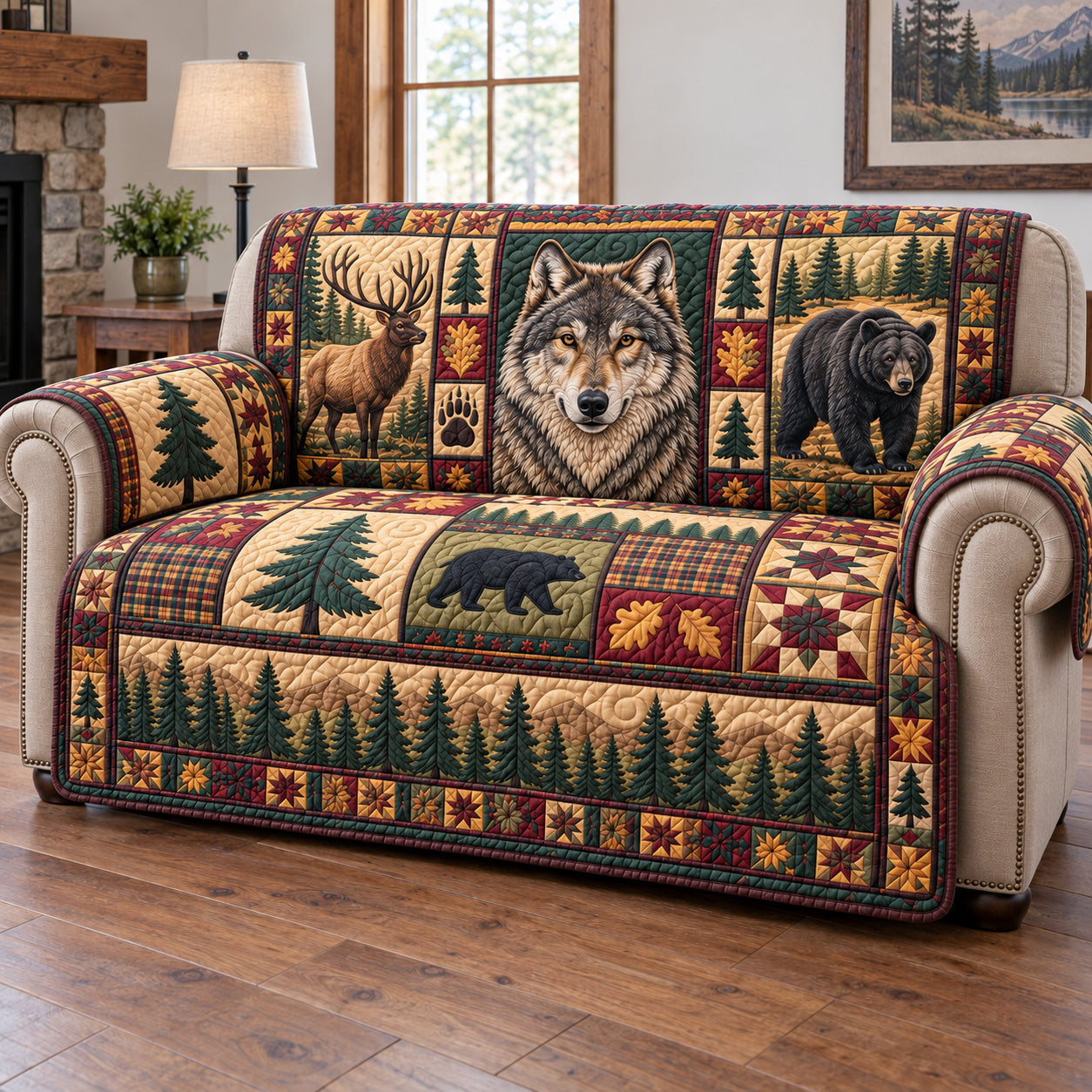 Rustic Woodland Haven Quilted Sofa Cover Holiday Home Decor Secret Santa Gifts