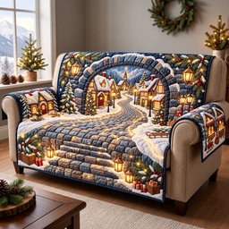 Snowy Christmas Village Quilted Sofa Cover Xmas Couch Cover Christmas Presents