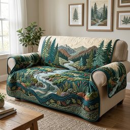 Woodland River Gorge Quilted Sofa Cover Christmas Quilted Couch Protector Xmas Gifts