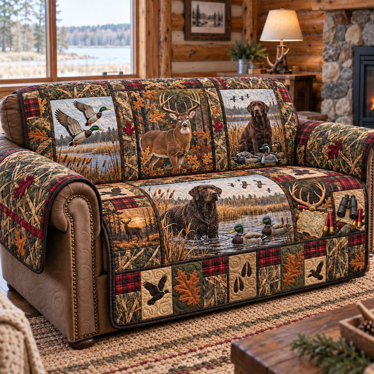 Rustic Forest Patchwork Quilted Sofa Cover Cozy Holiday Living Room Decor Xmas Gifts