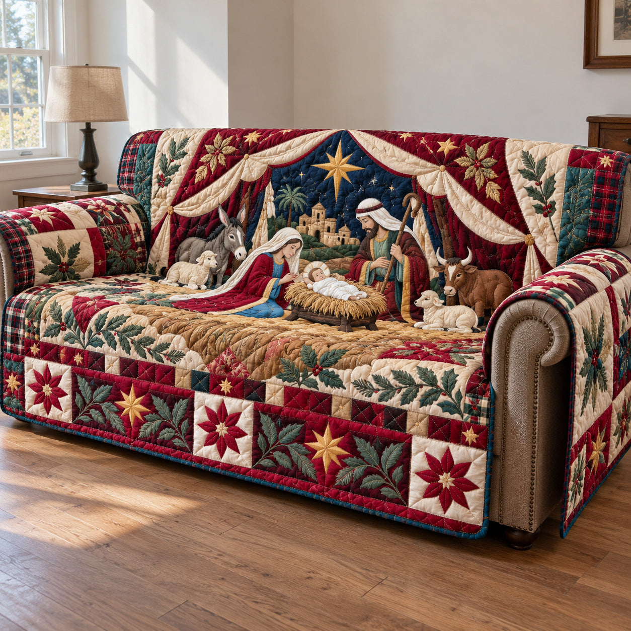 Nativity Heavenly Star Quilted Sofa Cover Holiday Furniture Protector Mom Gifts