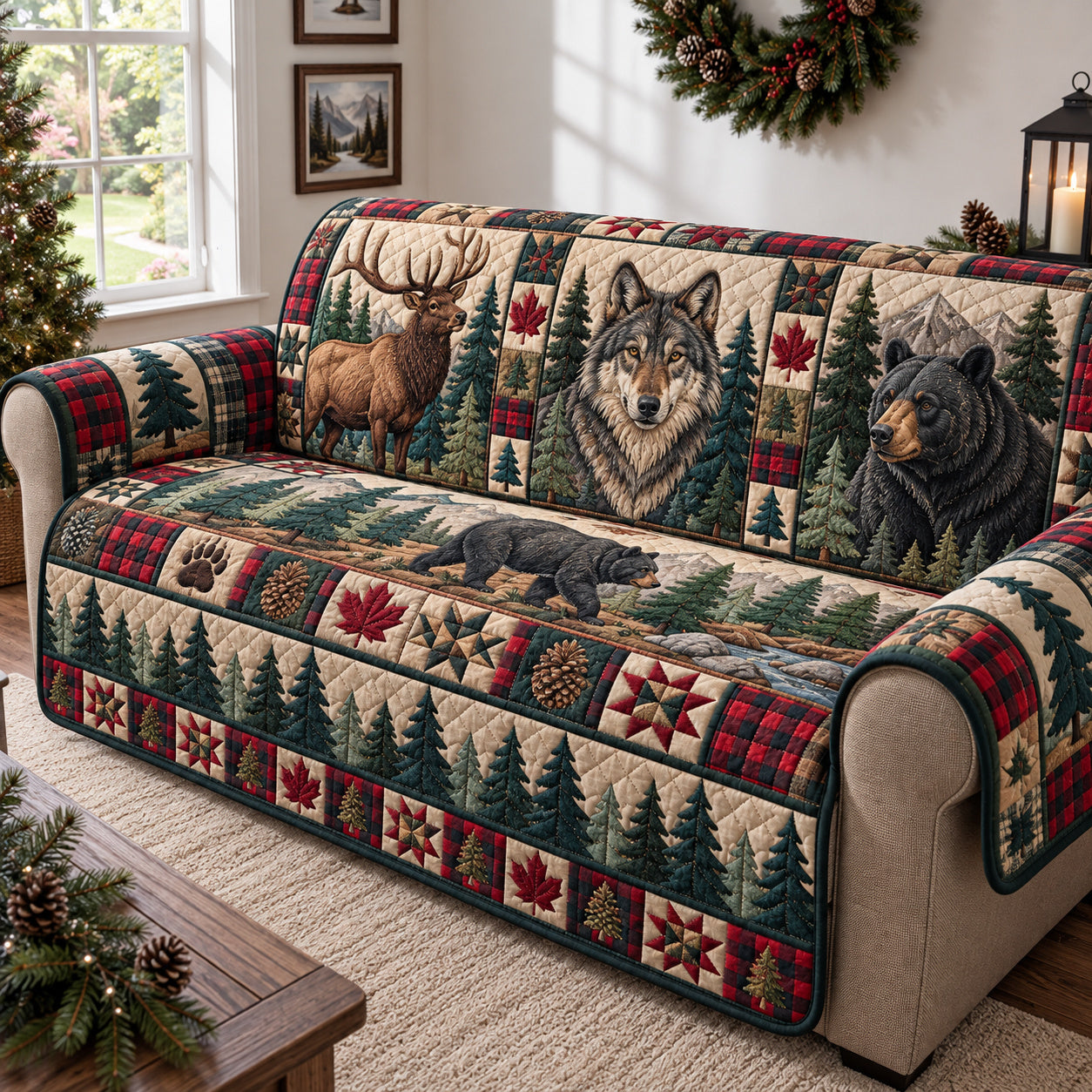 Rustic Woodland Meadow Quilted Sofa Cover Cozy Holiday Living Room Decor Xmas Gifts