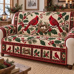 Red Cardinals Holly Nest Quilted Sofa Cover Festive Christmas Couch Cover Couple Gifts