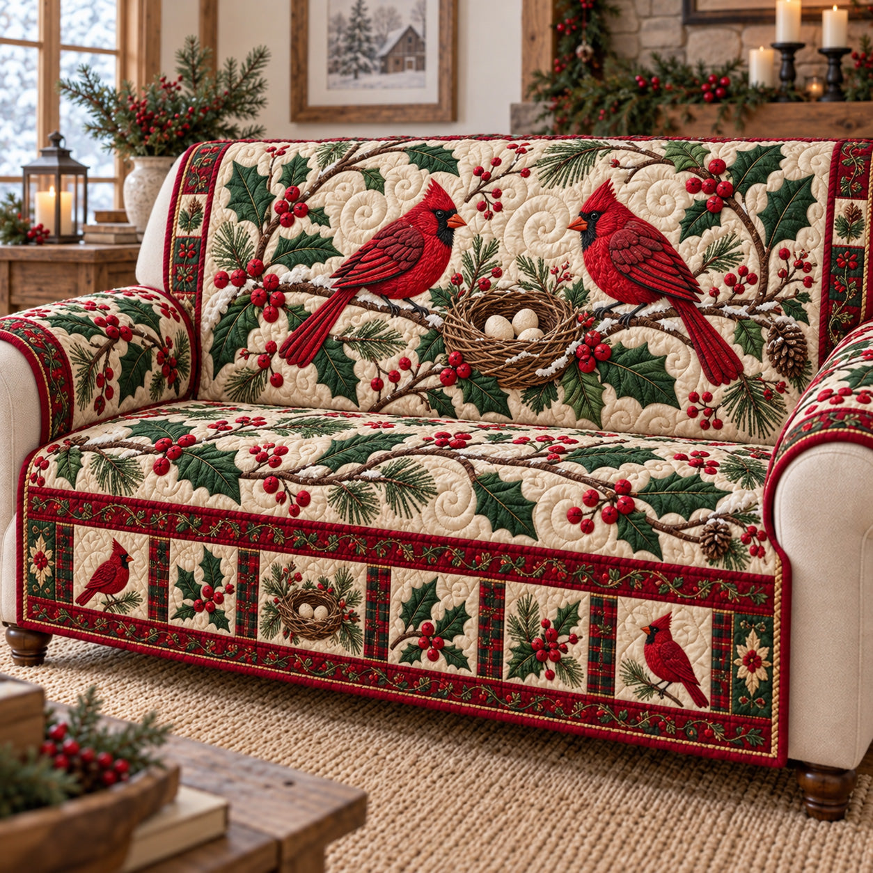 Red Cardinals Holly Nest Quilted Sofa Cover Festive Christmas Couch Cover Couple Gifts