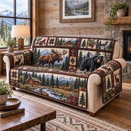 Mountain Lodge Wildlife Quilted Sofa Cover Holiday Home Decor Christmas Gifts