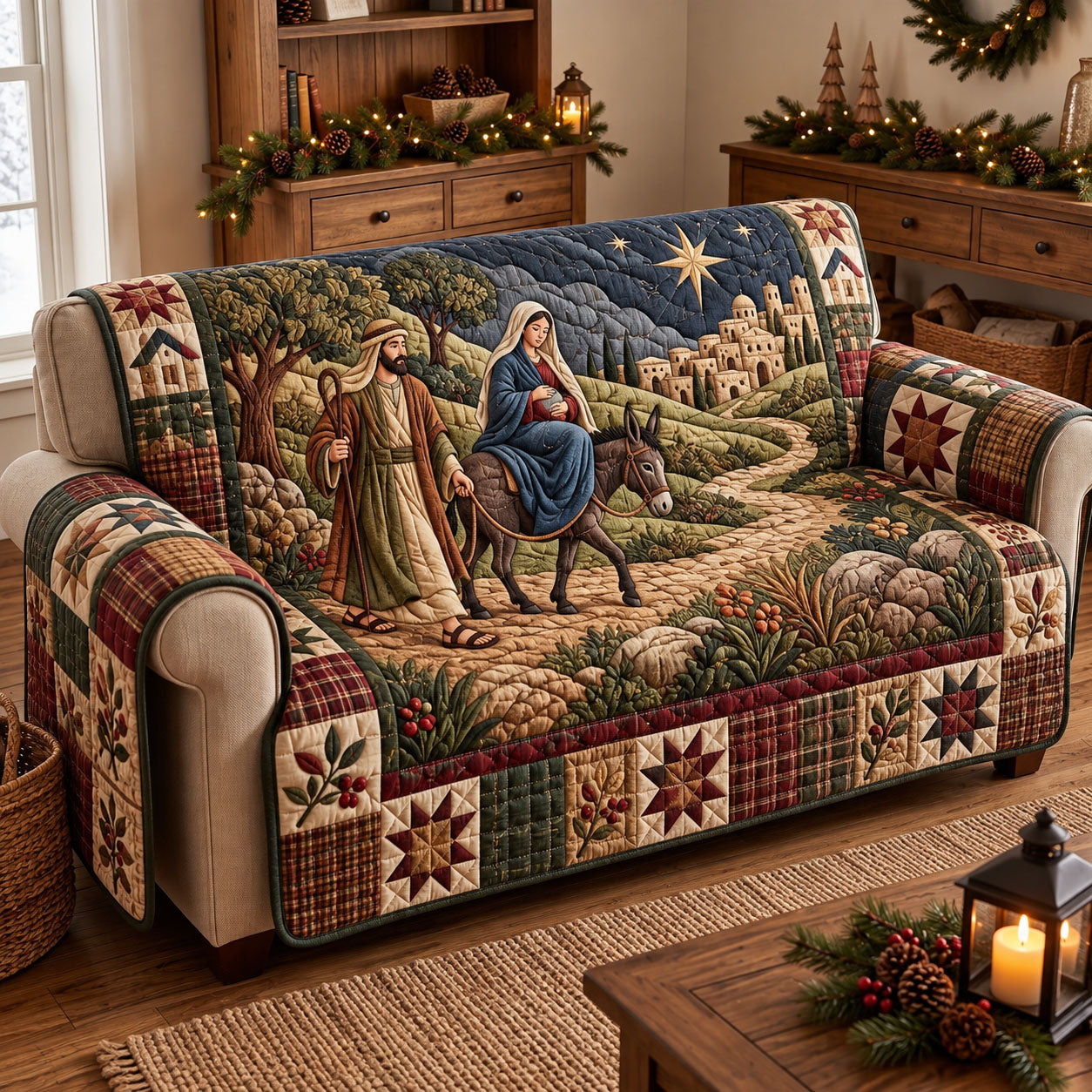 Nativity Scene Quilted Sofa Cover Xmas Couch Cover Holiday Gift For Homeowners