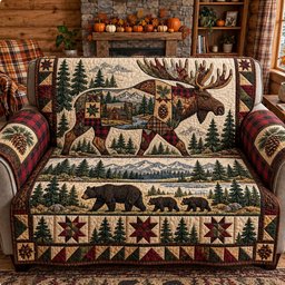 Rustic Moose And Bear Forest Quilted Sofa Cover Xmas Cozy Living Room Decor Gifts