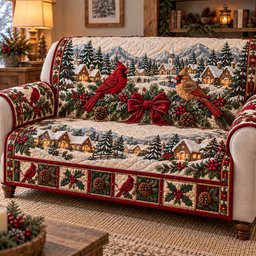 Snowy Village Cardinal Quilted Sofa Cover Xmas Sofa Protector Christmas Ideas For Mom