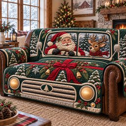 Jolly Santa Ride Quilted Sofa Cover Festive Christmas Couch Cover Holiday Gifts