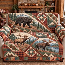 Woodland Bear Moose And Elk Quilted Sofa Cover Christmas Living Room Decor Holiday Gift