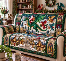 Santa Dragon Rider Quilted Sofa Cover Christmas Sofa Decoration Holiday Gifts
