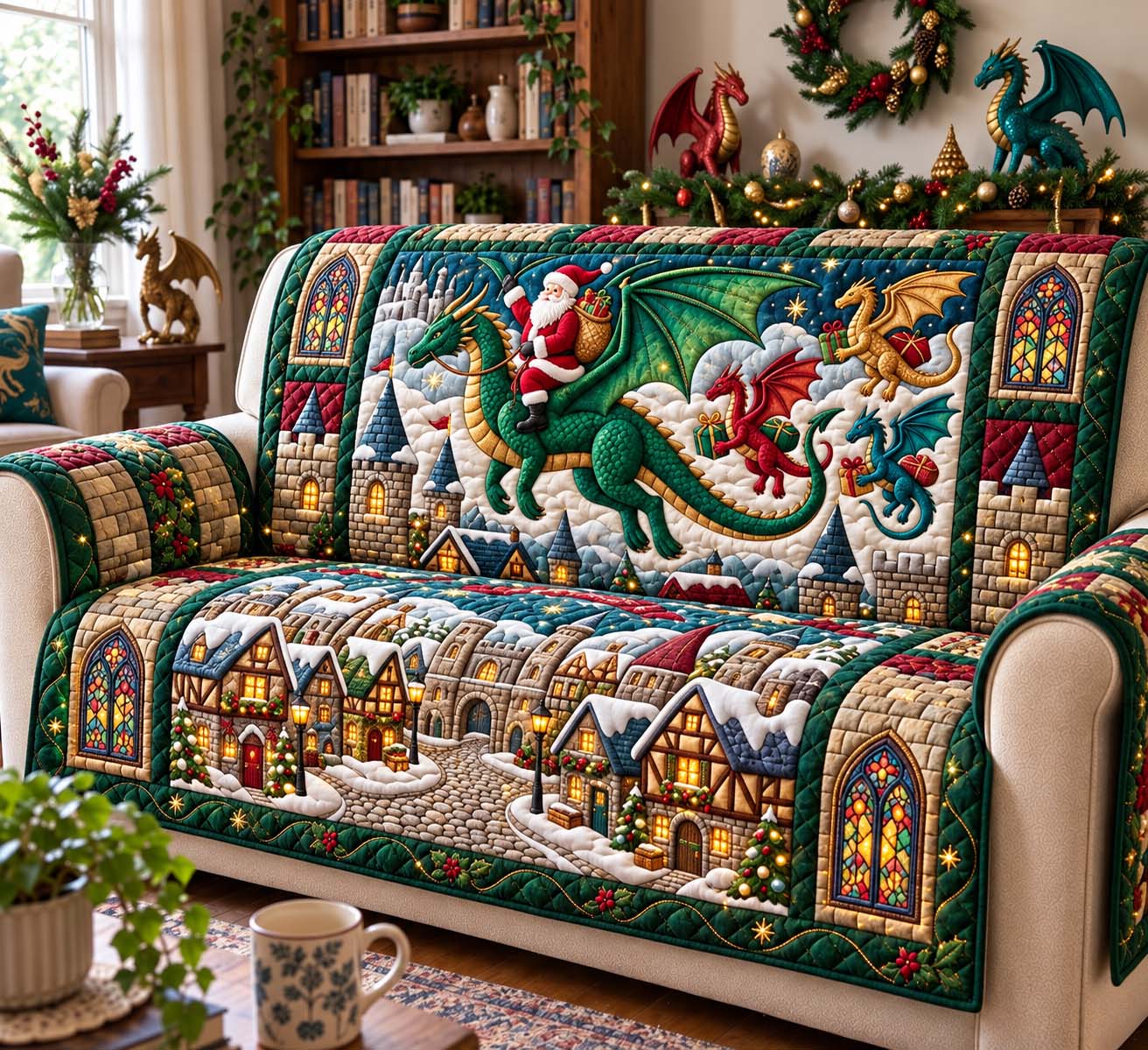 Santa Dragon Rider Quilted Sofa Cover Christmas Sofa Decoration Holiday Gifts