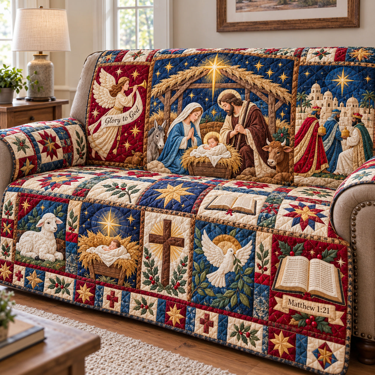 Nativity Holy Manger Quilted Sofa Cover Christmas Quilted Sofa Cover Faith Gifts