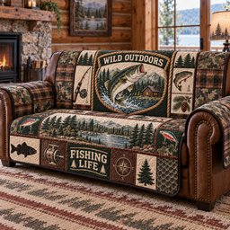 Wild Outdoors Fishing Patchwork Quilted Sofa Cover Quilted Couch Cover Holiday Gift