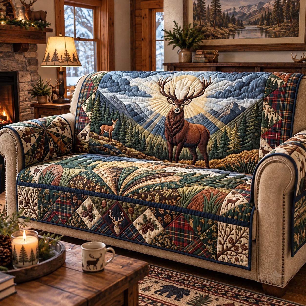 Majestic Forest Buck Quilted Sofa Cover Xmas Quilted Sofa Cover Gift For Brother