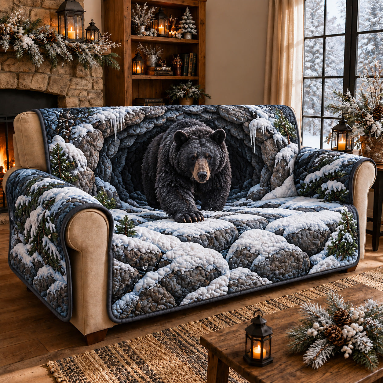 Snowy Bear Quilted Sofa Cover Xmas Quilted Sofa Cover Holiday Gifts For Bear Loves