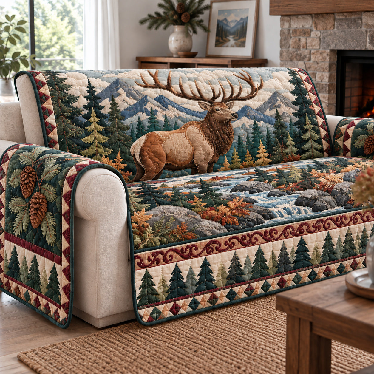 Rustic Woodland Twilight Quilted Sofa Cover Christmas Living Room Decor Husband Gift