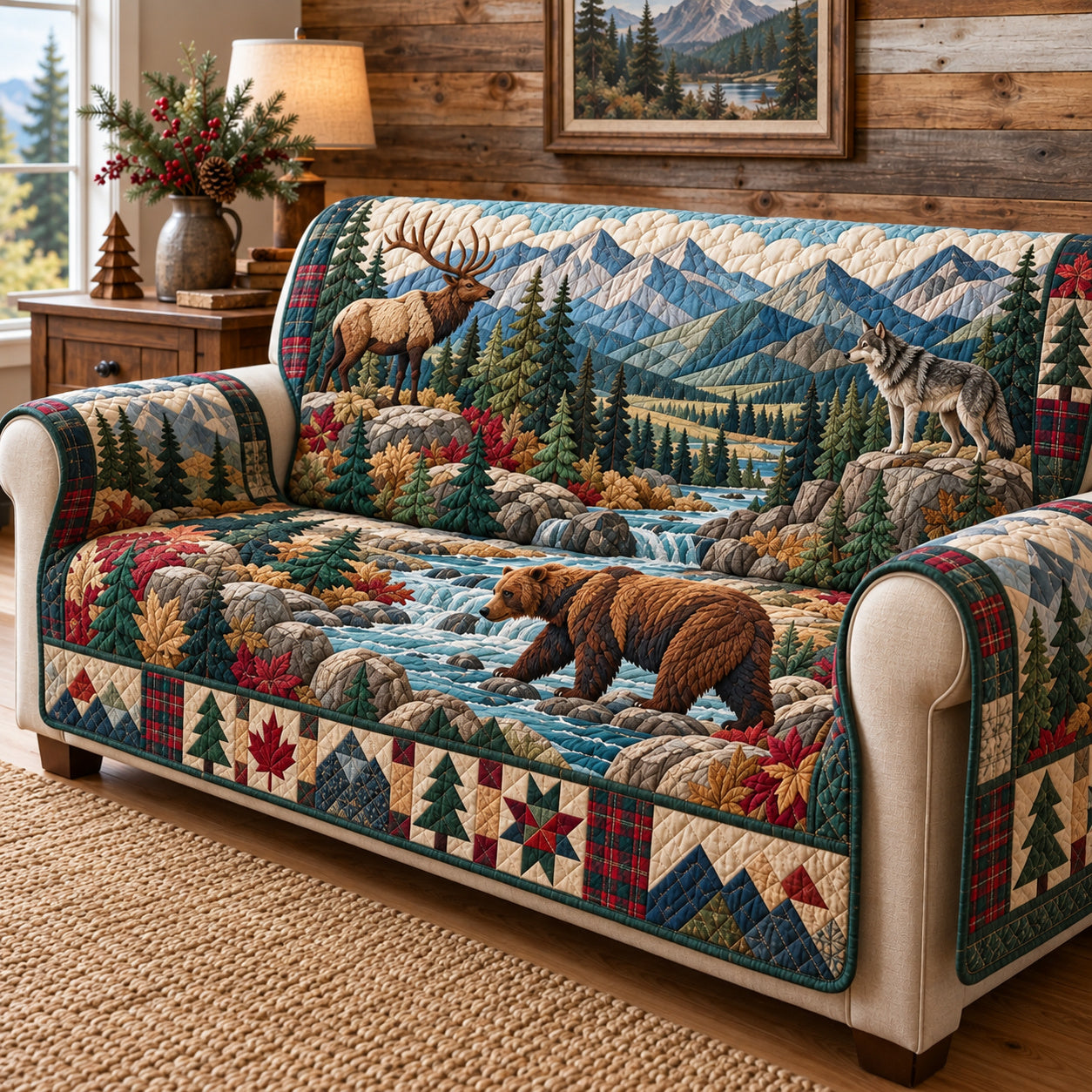 Rustic Woodland Hideout Quilted Sofa Cover Holiday Couch Protector Christmas Presents