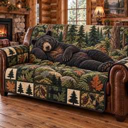 Resting Forest Bear Quilted Sofa Cover Christmas Furniture Cover Xmas Gifts