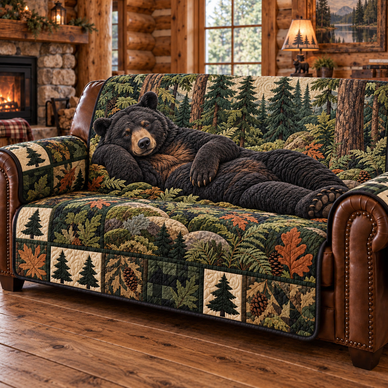 Resting Forest Bear Quilted Sofa Cover Christmas Furniture Cover Xmas Gifts