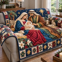 Nativity Divine Birth Quilted Sofa Cover Seasonal Couch Cover Christmas Presents