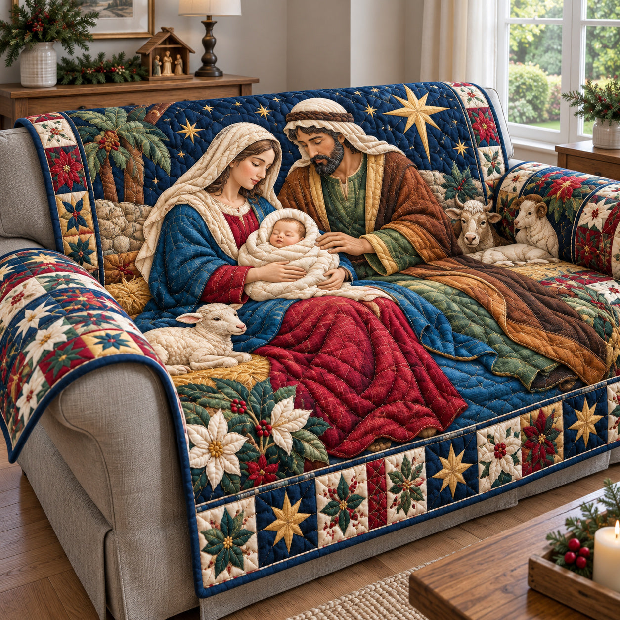 Nativity Divine Birth Quilted Sofa Cover Seasonal Couch Cover Christmas Presents